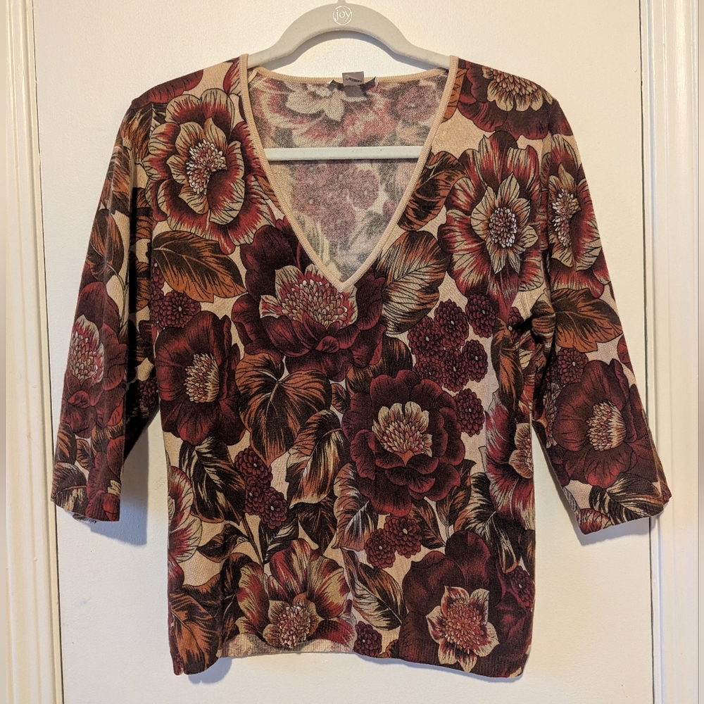 100% Cashmere MaxMara Burgundy Floral V-Neck Blouse